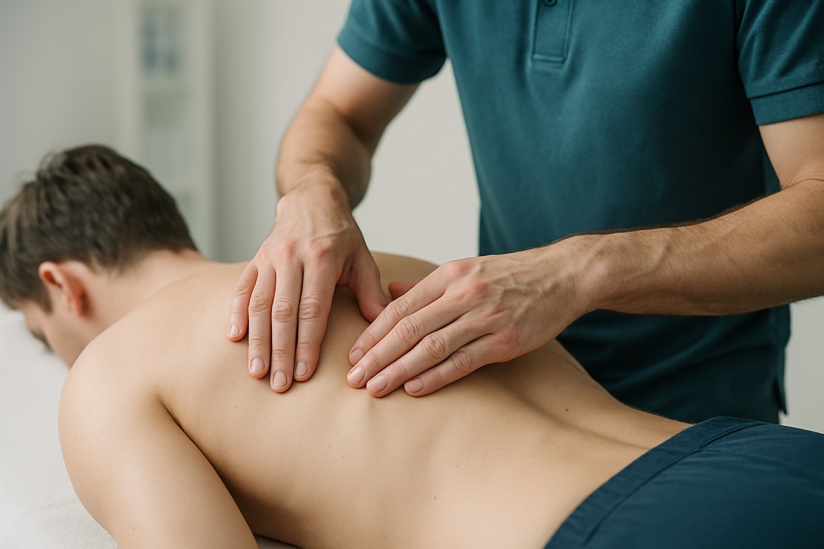 Physiotherapist assessing a patient's back by hand