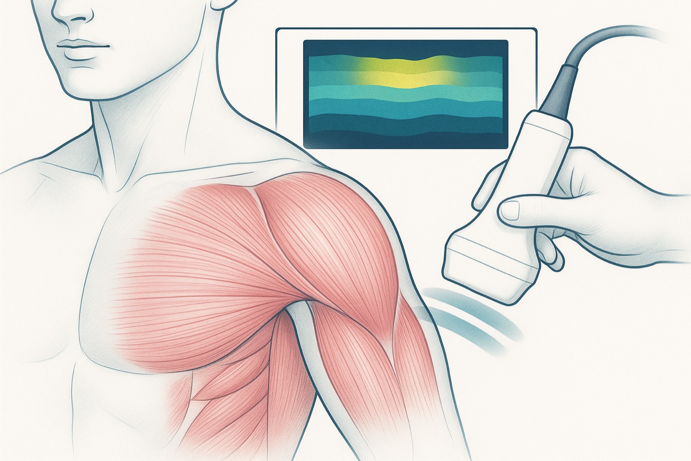 Diagram of ultrasound shear-wave elastography mapping soft-tissue stiffness over muscle