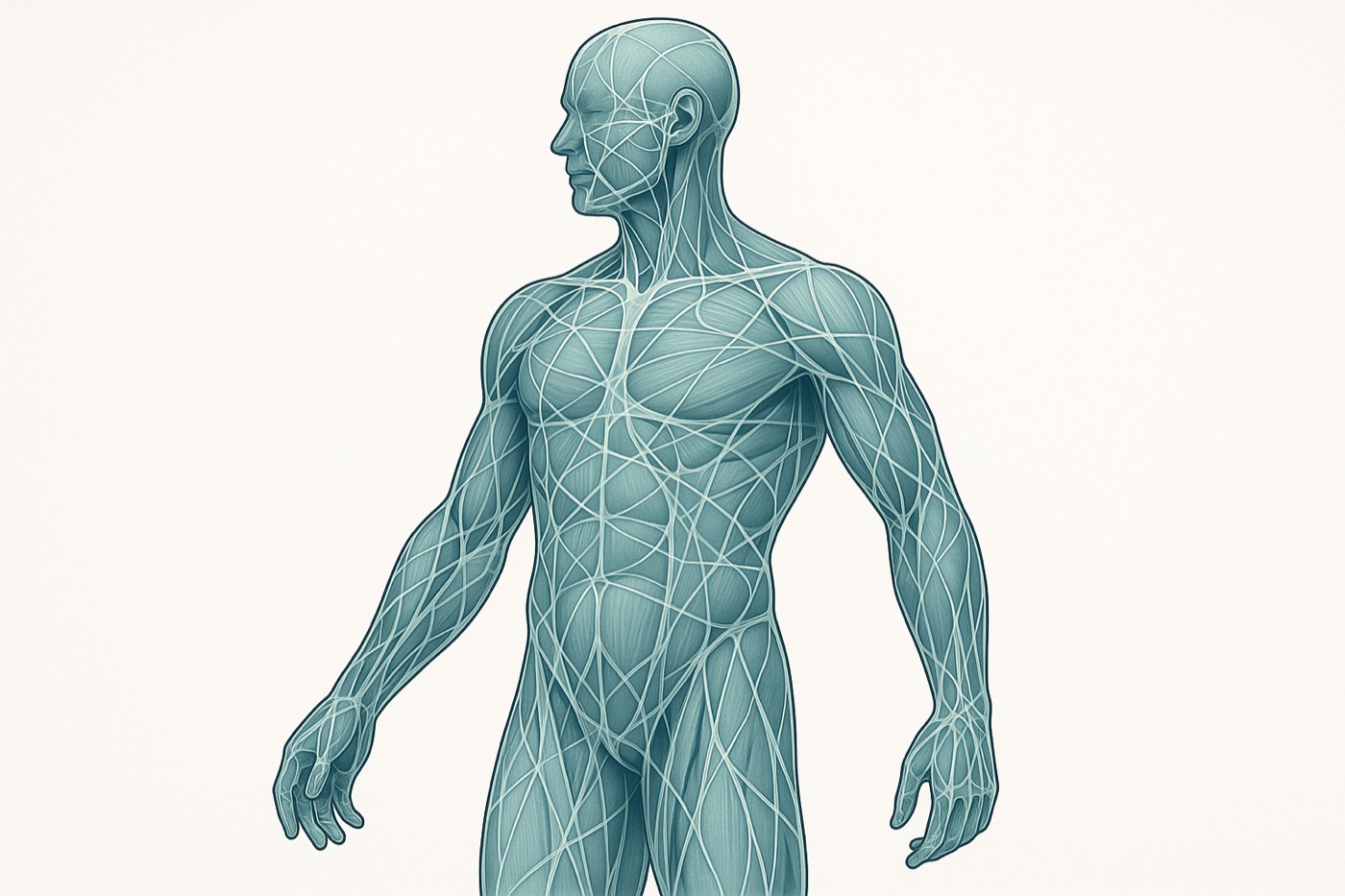 Diagram of the fascia connective-tissue network wrapping and linking muscles throughout the body