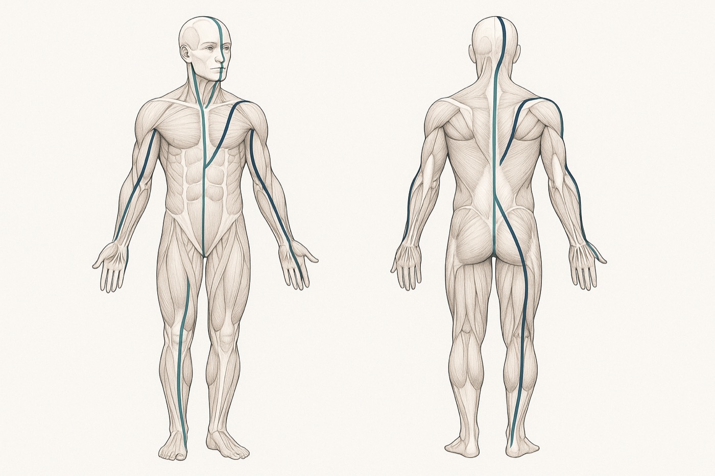 Diagram of myofascial chains (anatomy lines) running as continuous lines of pull across the body